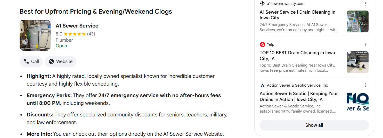 Google AI answer recommending A1 Sewer Service, 5.0 stars from 43 reviews