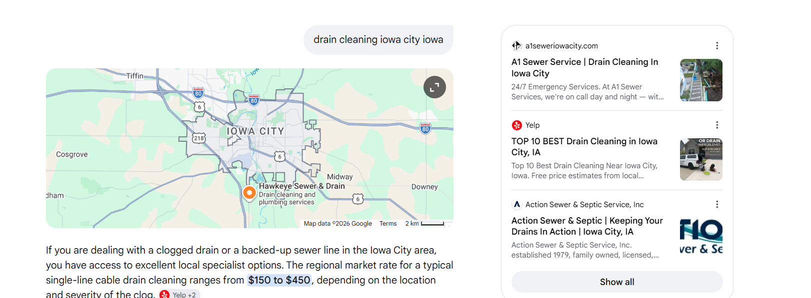 Google AI Overview for drain cleaning iowa city with a1seweriowacity.com as the first cited source